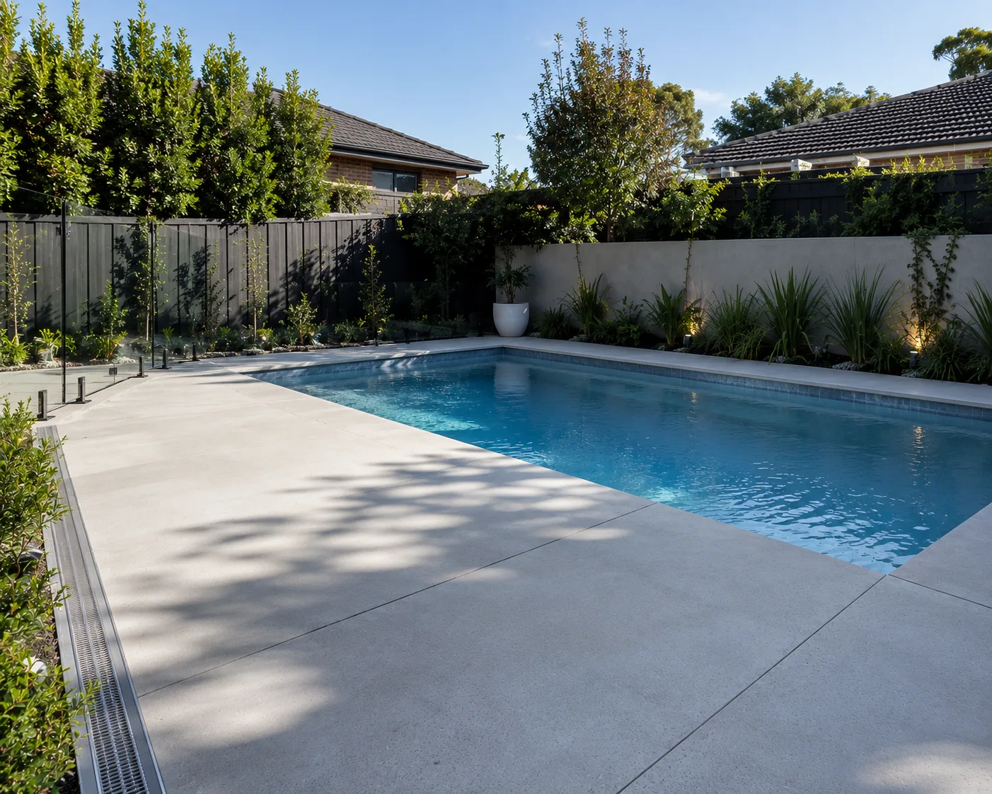Non-slip concrete pool surround with exposed aggregate finish